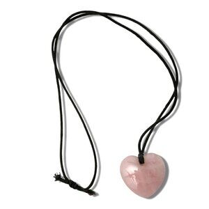 Heart Rose Quartz Pendant Necklace Fabric Cord Taurus Birthstone Pink Stone Boho